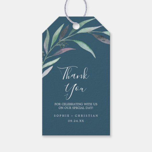Paarse en groene Eucalyptus | Blauw Dank u wel Cadeaulabel (Voorkant)