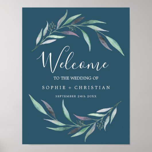 Paarse en groene Eucalyptus | Blue Welcome Wedding Poster (Voorkant)
