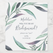 Paarse en groene Eucalyptus Bridesmaid Voorstel Wijn Etiket (Enkel label)