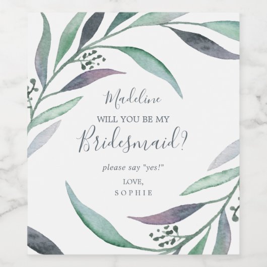 Paarse en groene Eucalyptus Bridesmaid Voorstel Wijn Etiket (Enkel label)