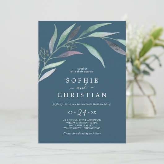 Paarse en groene Eucalyptus | Casual blauwe bruilo Kaart (Staand voorkant)