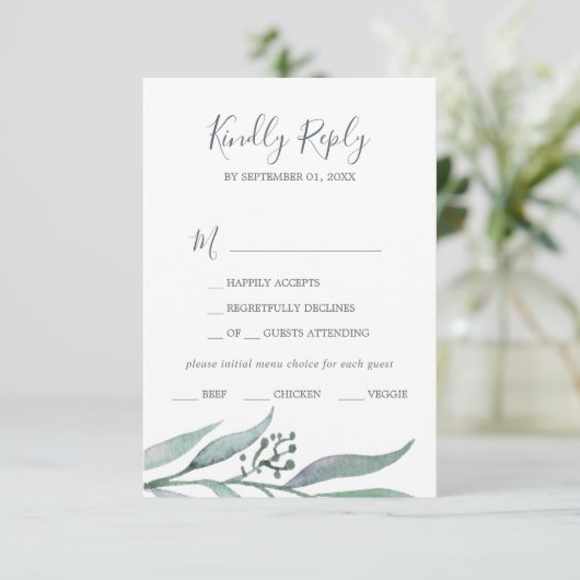 Paarse en groene Eucalyptus Menu Keuze RSVP-kaart (Staand voorkant)