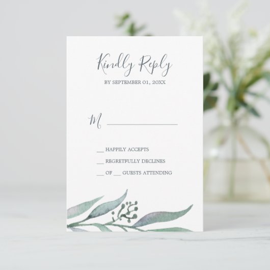 Paarse en groene Eucalyptus Simple RSVP-kaart RSVP Kaartje (Staand voorkant)