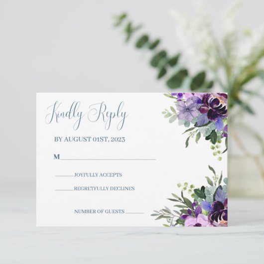 Paarse en groene Floral aquarel bruiloft RSVP Kaartje (Staand voorkant)
