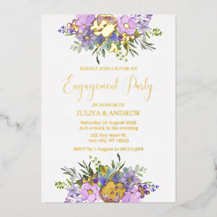 Paarse en groene Floral Engagement Party Folie Uitnodiging