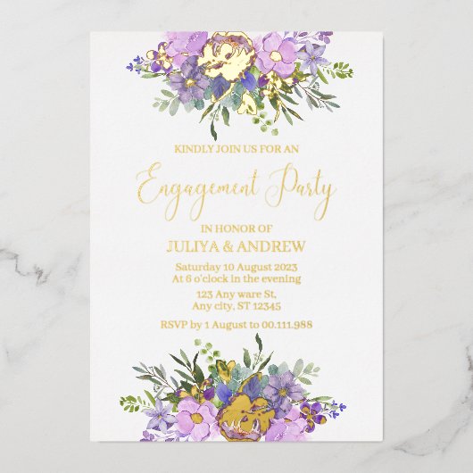 Paarse en groene Floral Engagement Party Folie Uitnodiging (Voorkant)