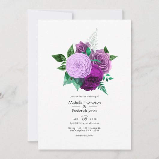 Paarse en groene Floral Wedding Kaart (Voorkant)
