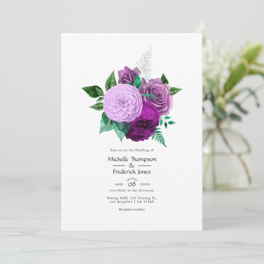 Paarse en groene Floral Wedding Kaart (Staand voorkant)