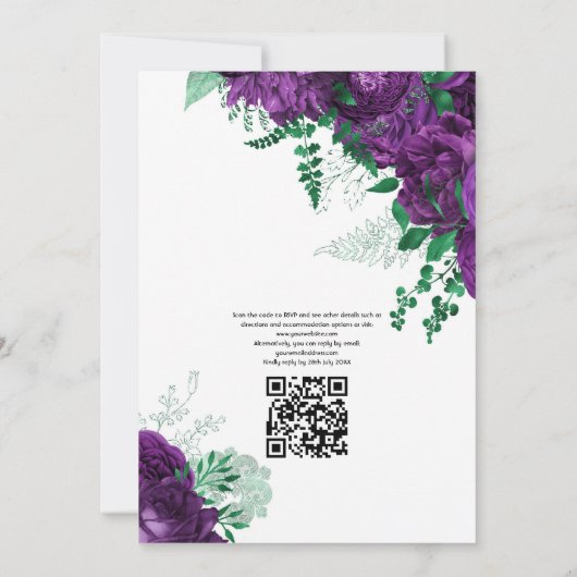 Paarse en groene Floral Wedding QR Code Rsvp Kaart (Achterkant)