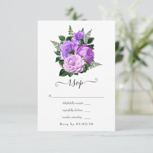 Paarse en groene Floral Wedding RSVP Kaartje (Staand voorkant)