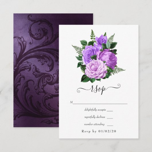 Paarse en groene Floral Wedding RSVP Kaartje (Voorkant / Achterkant)