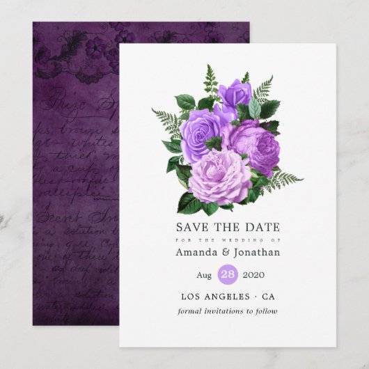 Paarse en groene Floral Wedding Save The Date (Voorkant / Achterkant)