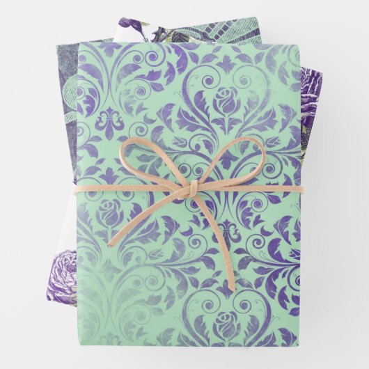 Paarse en groene "Floral wrapping Sheets" Inpakpapier Vel (In situ)