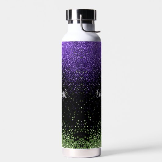 Paarse en groene glitter op zwart waterfles (Links)