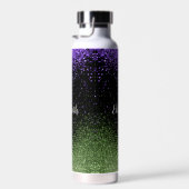 Paarse en groene glitter op zwart waterfles (Rechts)