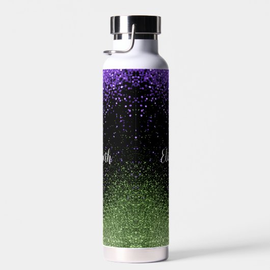 Paarse en groene glitter op zwart waterfles (Rechts)