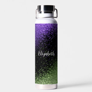 Paarse en groene glitter op zwart waterfles
