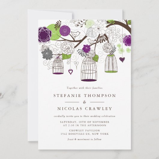 Paarse en groene hangende vogelkooien bruiloft kaart (Voorkant)