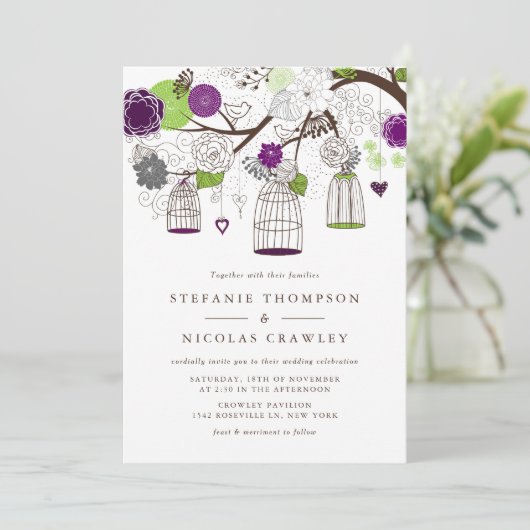 Paarse en groene hangende vogelkooien bruiloft kaart (Staand voorkant)