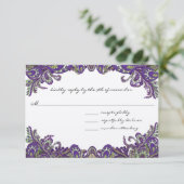 Paarse en groene huwelijksuitnodigingen RSVP kaartje (Staand voorkant)