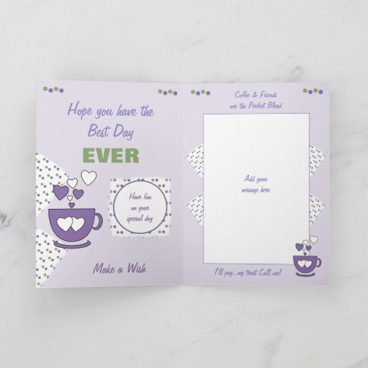 Paarse en groene koffie en vriendschappelijke fees kaart (Binnen)