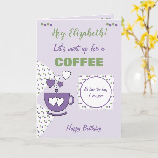 Paarse en groene koffie en vriendschappelijke fees kaart (Gele Bloem)