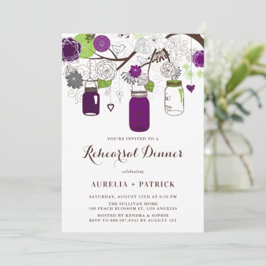 Paarse en groene Mason Jars repetitie diner Kaart (Staand voorkant)