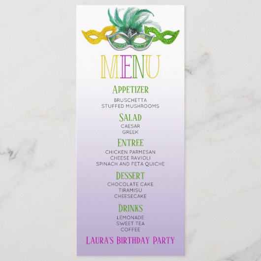 Paarse en groene Masquerade Birthday Party Menu (Voorkant)
