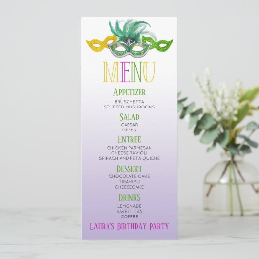 Paarse en groene Masquerade Birthday Party Menu (Staand voorkant)