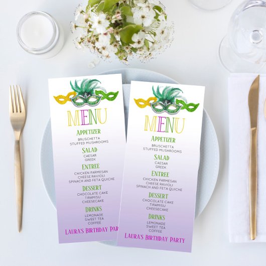 Paarse en groene Masquerade Birthday Party Menu