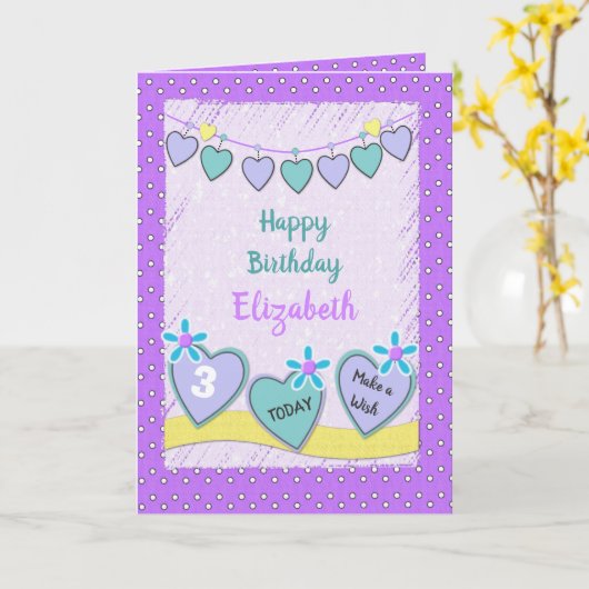 Paarse en groene met een naam kinderen Verjaardag Kaart (Gele Bloem)