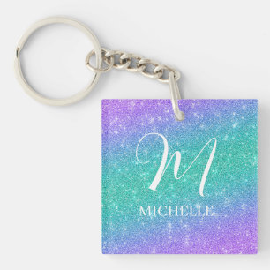 Paarse en groene namaak glitters naam en initiaal sleutelhanger