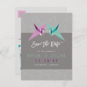 Paarse en groene papieren kranen besparen de datum aankondigingskaart (Voorkant / Achterkant)