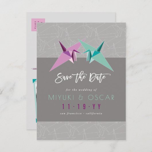 Paarse en groene papieren kranen besparen de datum aankondigingskaart (Voorkant / Achterkant)