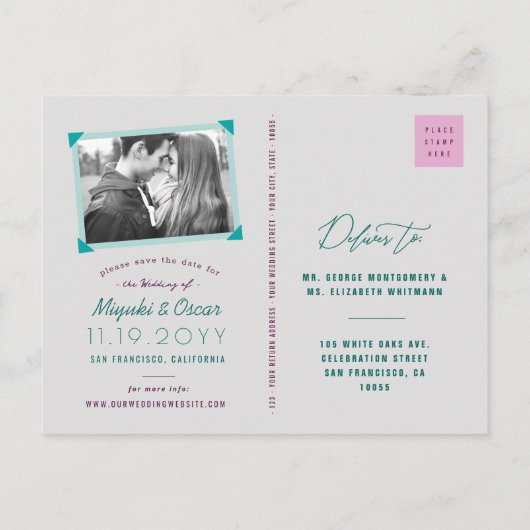 Paarse en groene papieren kranen besparen de datum aankondigingskaart (Achterkant)