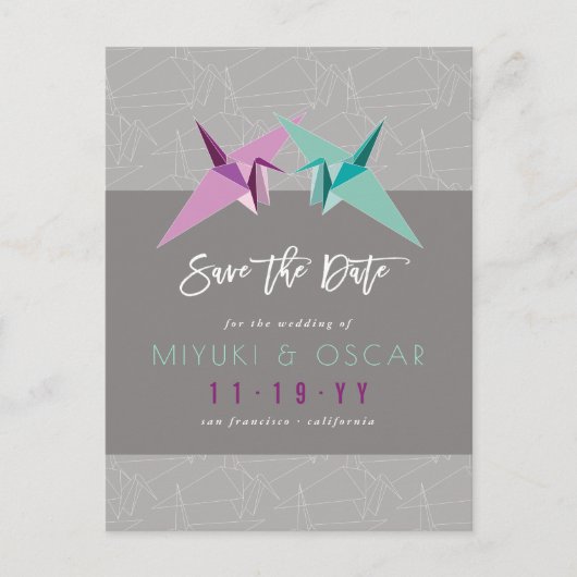 Paarse en groene papieren kranen besparen de datum aankondigingskaart (Voorkant)