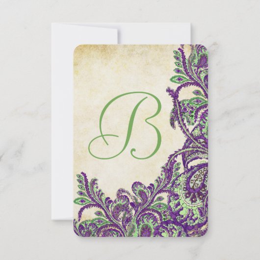 Paarse en groene  Peacock Paisley Wedding RSVP Kaartje (Achterkant)