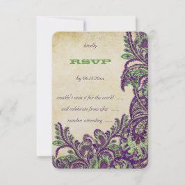Paarse en groene  Peacock Paisley Wedding RSVP Kaartje