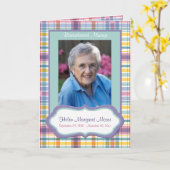 Paarse en Groene Plaid Memorial Kaart met Foto (Gele Bloem)