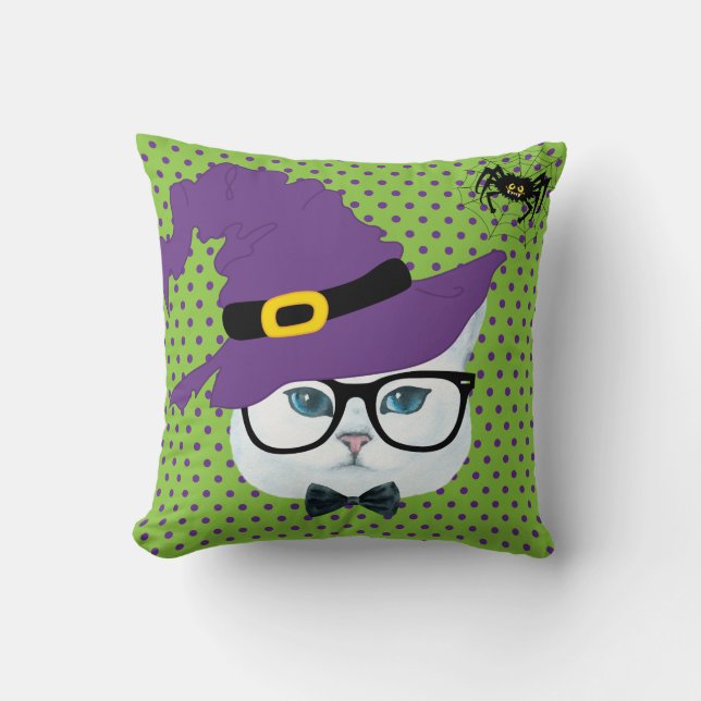 Paarse en groene poka Dot Halloween Cat Pillow Kussen (Voorkant)