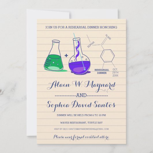 Paarse en groene repetitie voor chemie, diner uitn kaart (Voorkant)