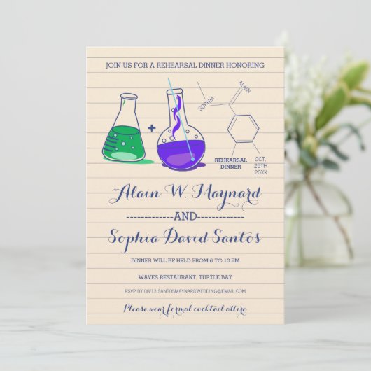 Paarse en groene repetitie voor chemie, diner uitn kaart (Staand voorkant)