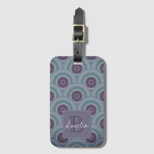Paarse en groene retro cirkelpatroon monogram bagagelabel