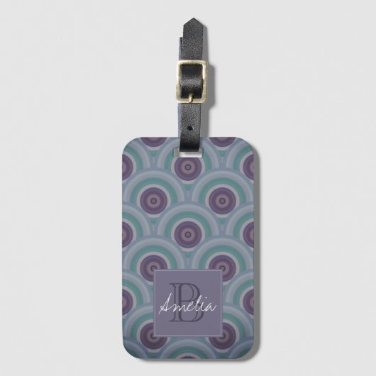 Paarse en groene retro cirkelpatroon monogram bagagelabel (Voorkant (verticaal))