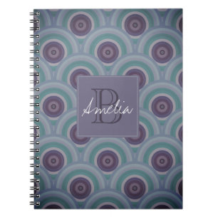 Paarse en groene retro cirkelpatroon monogram notitieboek