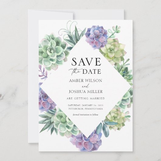 Paarse en groene Succulents Wedding Save the Date Kaart (Voorkant)
