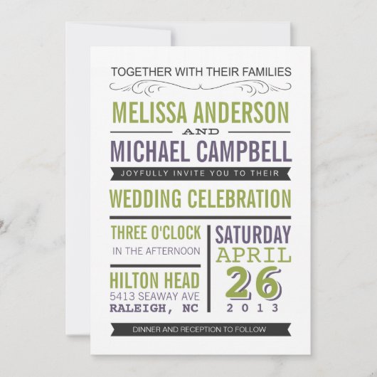 Paarse en groene typografie Weddenschap Kaart (Voorkant)