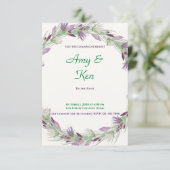 Paarse en groene ventilator Wreath Wedding Invitat Kaart (Staand voorkant)