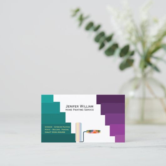 Paarse en groene verfschilder voor thuisverf visitekaartje (Staand voorkant)