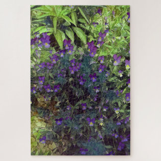Paarse en groene viooltjesbloemen en bladeren legpuzzel